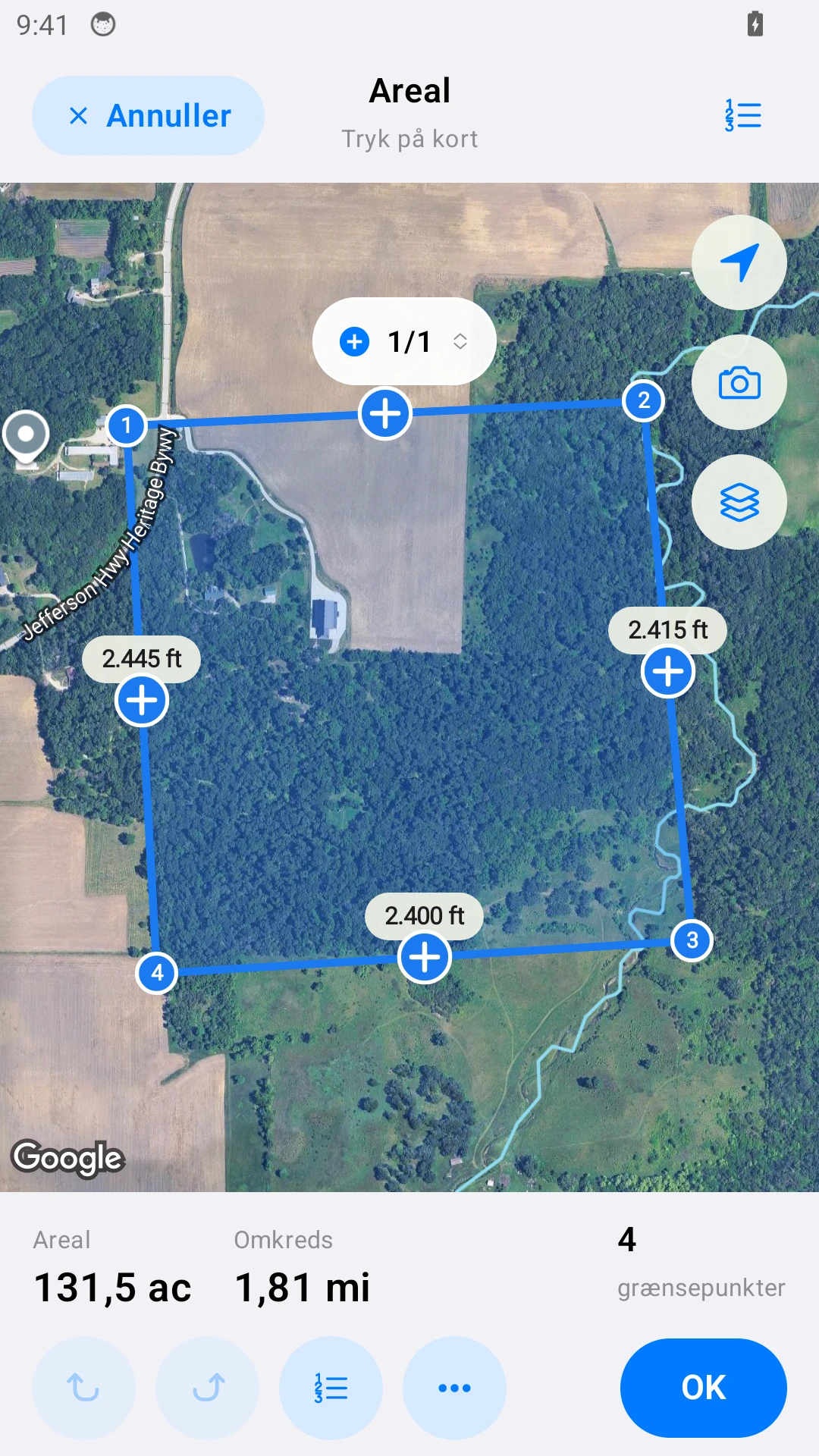 Markmåling på Android med eksempeldata.