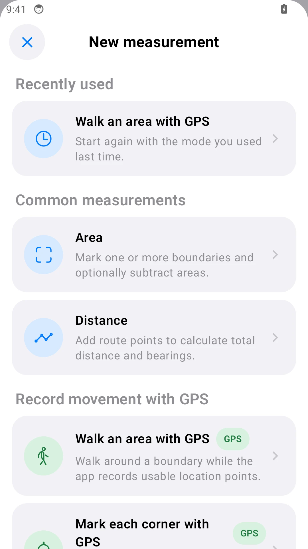 Android measurement menu. Choose Distance for a fence run.