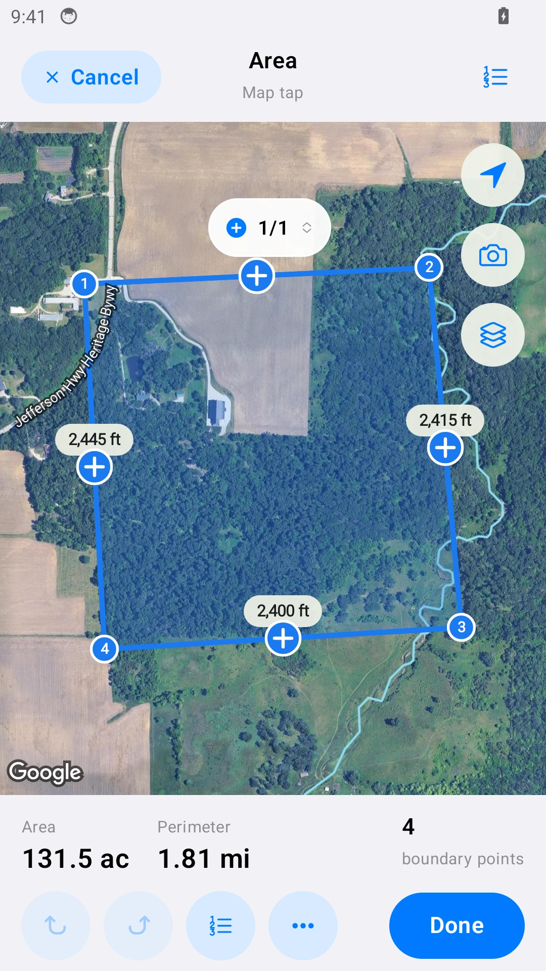 Android field measurement with sample data.