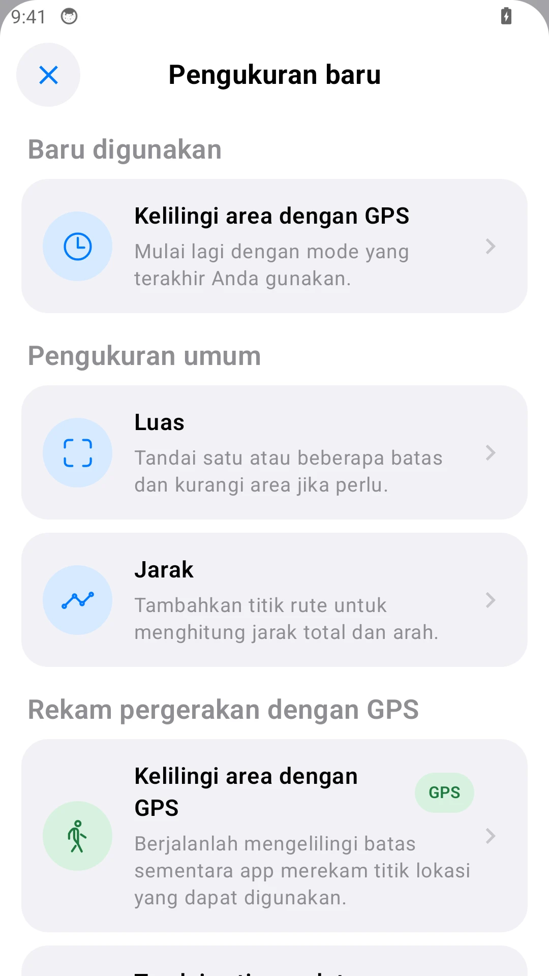 Menu Android: pilih Jarak untuk ruas pagar.