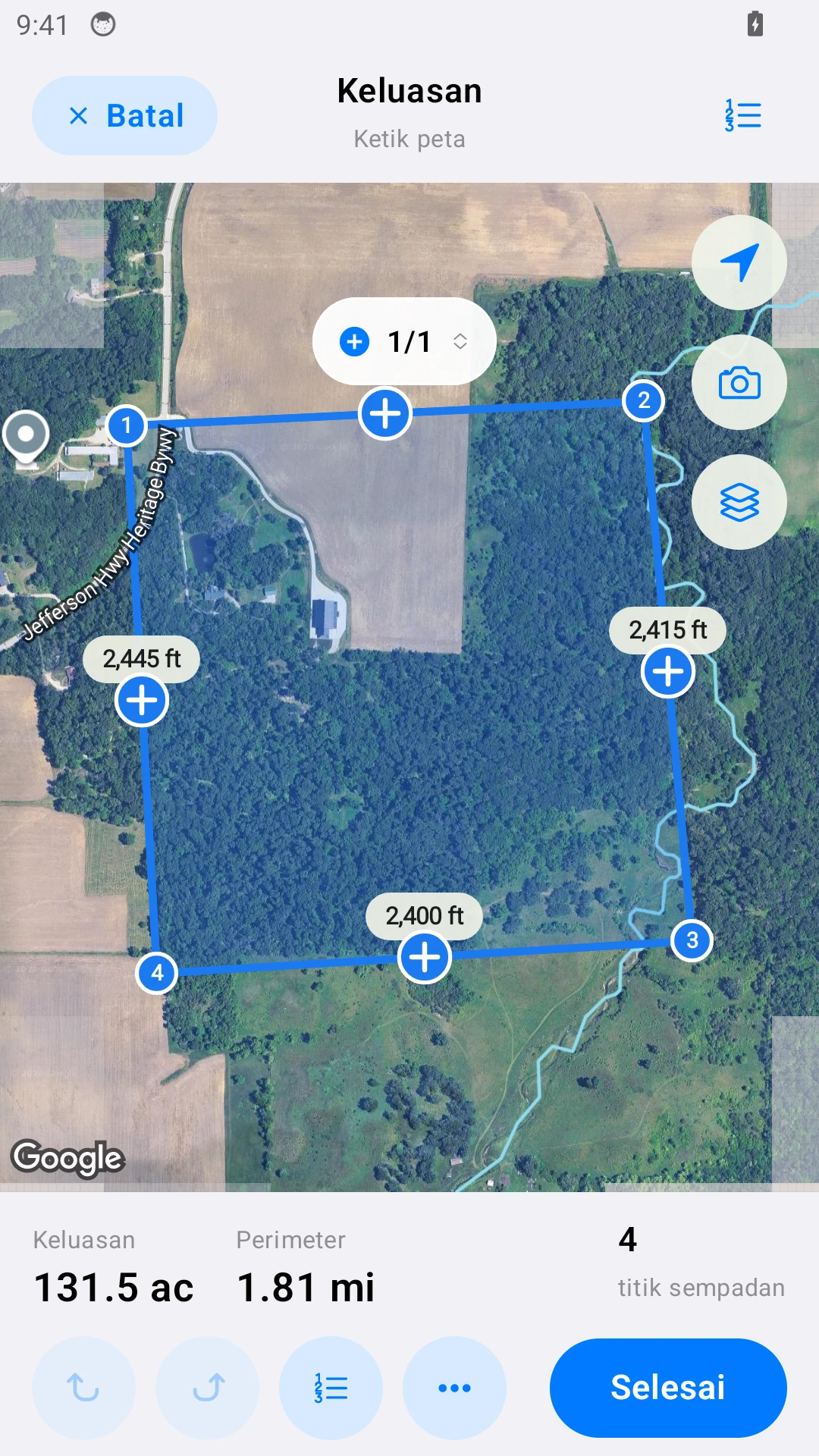 Pengukuran ladang pada Android dengan data contoh.