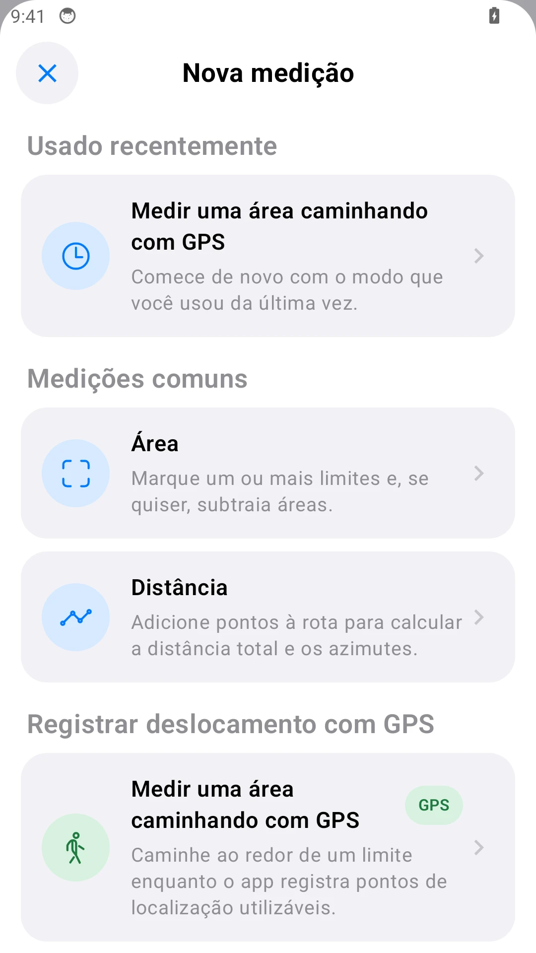 Menu Android: escolha Distância para um trecho de cerca.