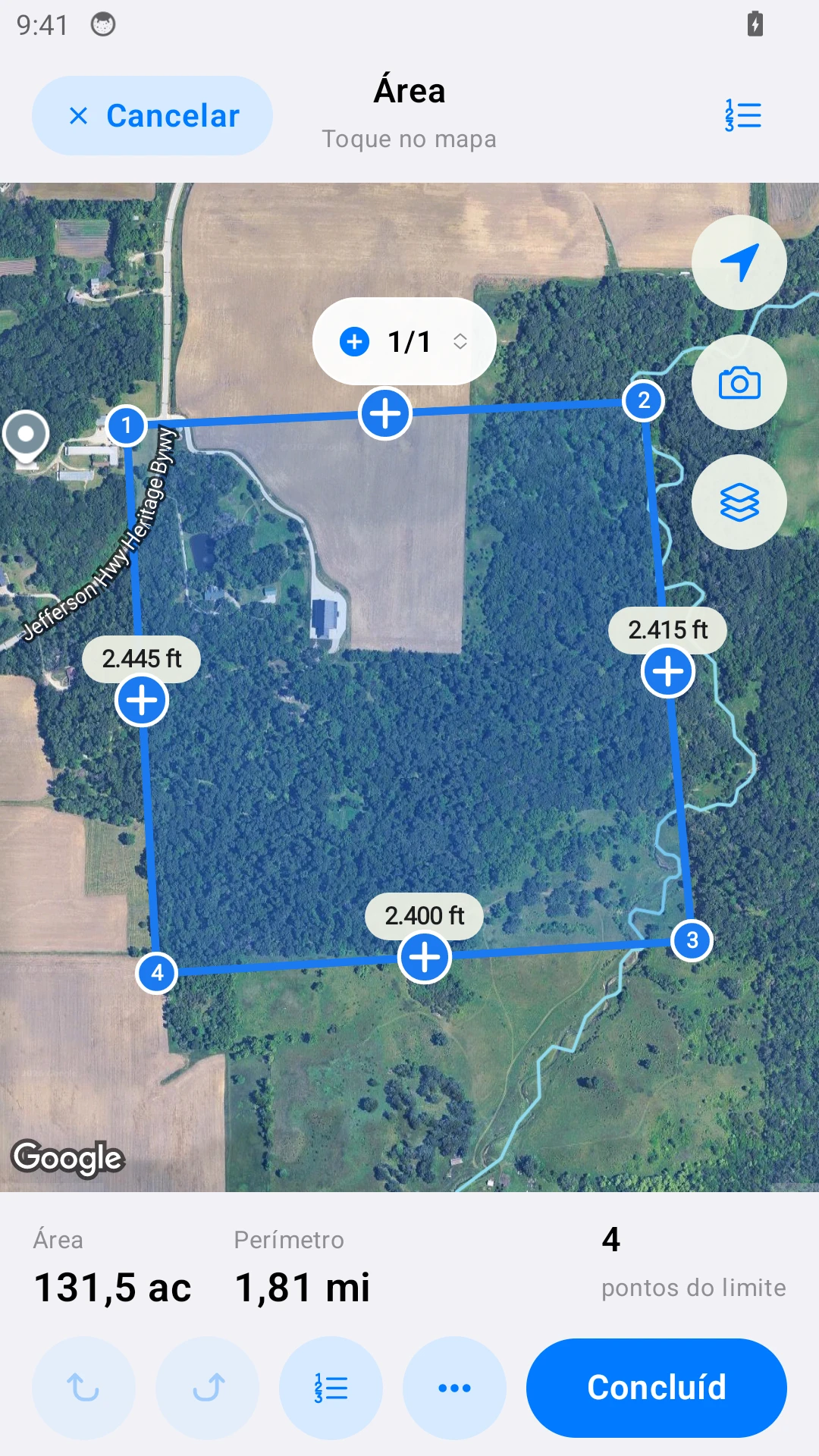Medição de campo no Android com dados de exemplo.