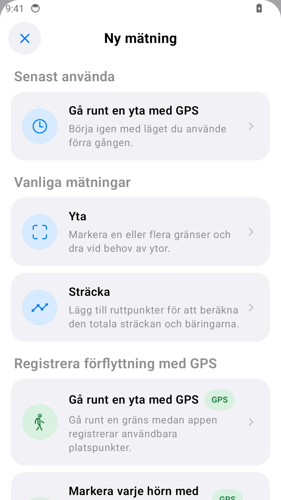 Android-meny: välj Avstånd för en stängseldel.