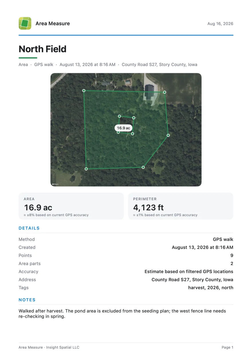PDF-rapportside med kommenteret satellitkort og målestatistik